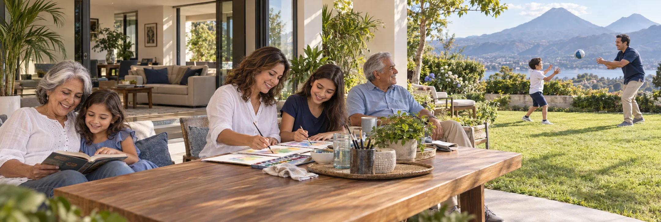 Familia de varias generaciones leyendo, pintando y jugando al aire libre