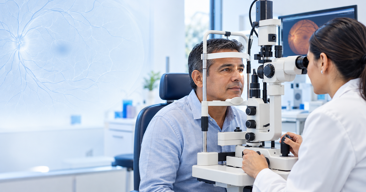 Paciente adulto durante una evaluación oftalmológica de retina en una clínica moderna.