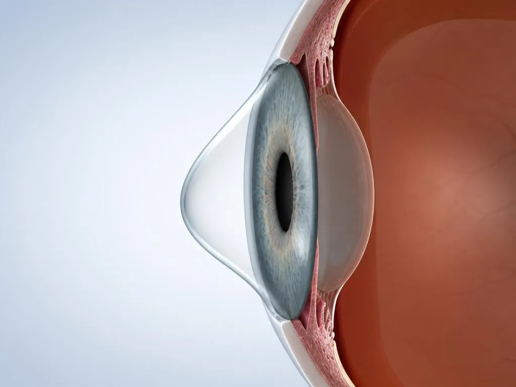 Ilustración médica 3D en perfil de una córnea transparente con adelgazamiento y protrusión localizada moderada.